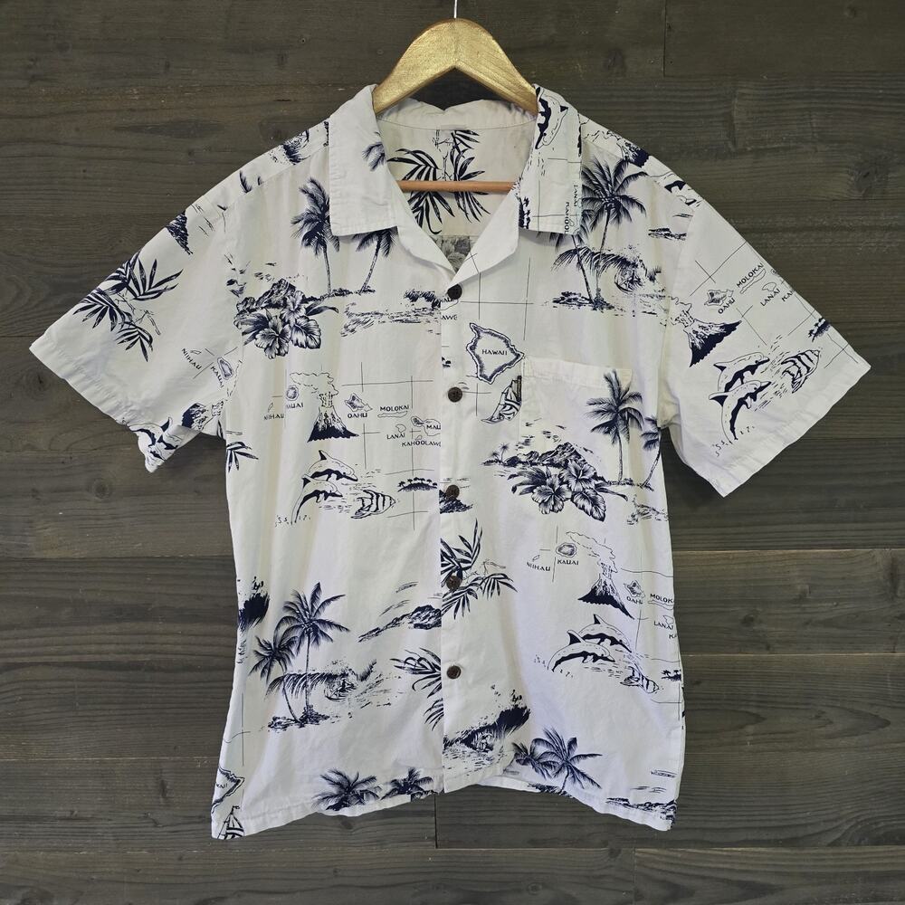 Palmwave Hawaii White M Aloha Hawaiian Shirt Dolphins Palms Island 100% Cotton